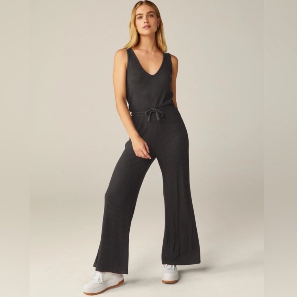 Beyond Yoga Jetsetter Jumpsuit Black Ribbed V-Neck Drawstring Wide Leg Medium